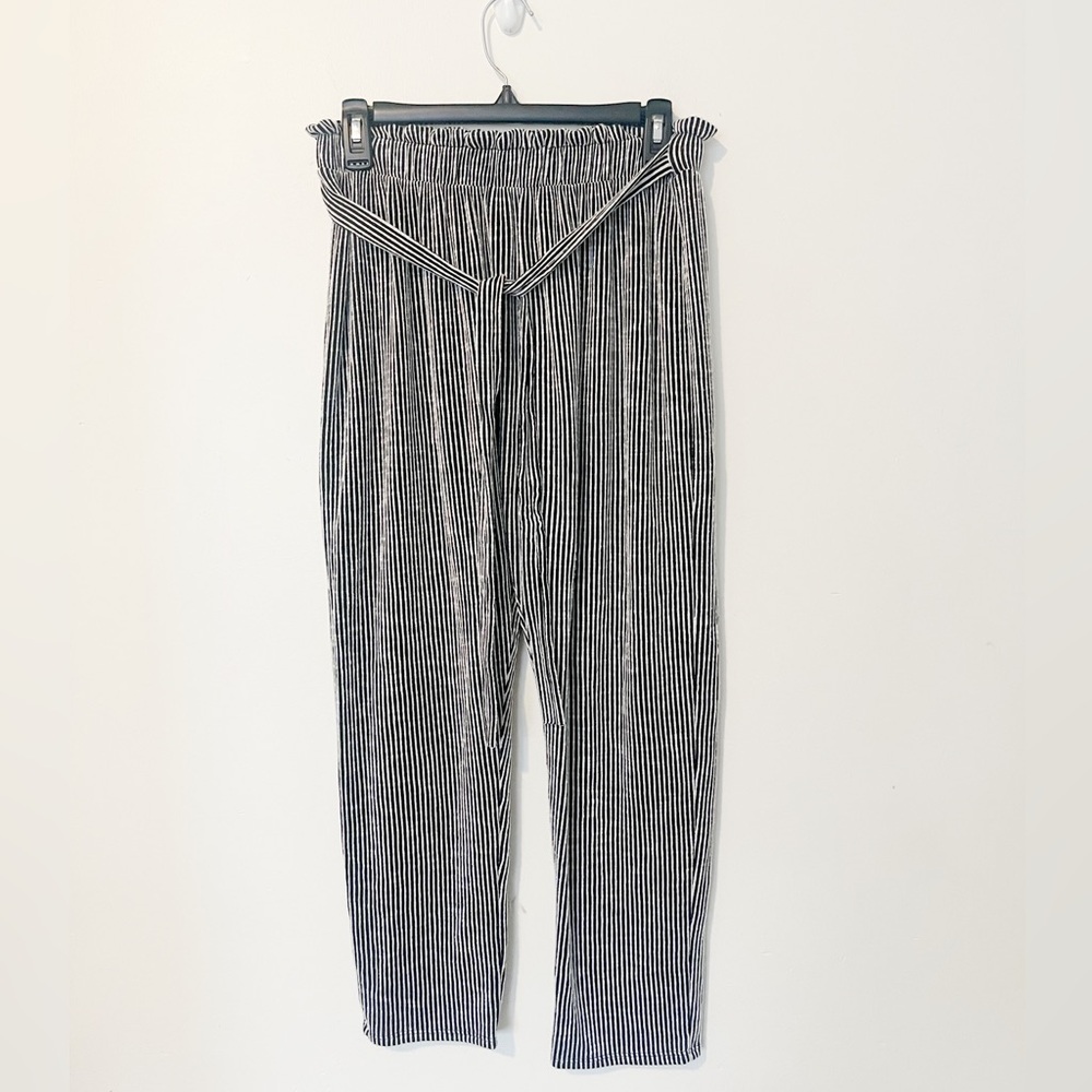 Caution to the Wind Black & White Pinstripe Straight Leg Paperbag Pants